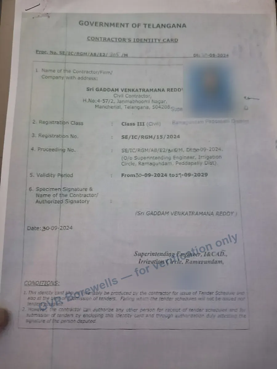 Government of Telangana contractor identity card (signatures redacted)