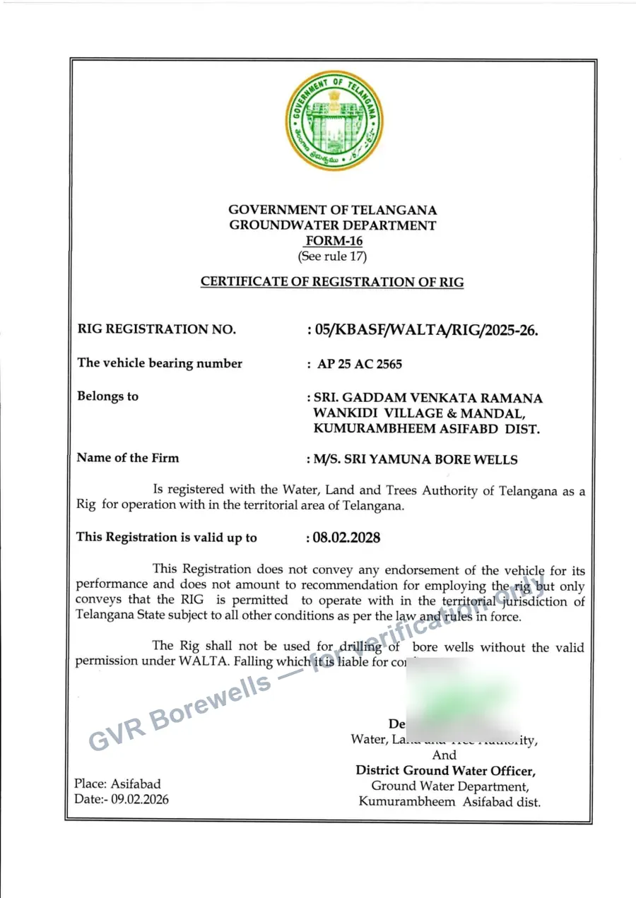 WALTA drilling rig registration certificate (signatures redacted)