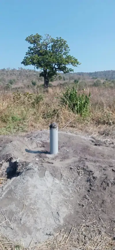 New borewell casing in an open field with a tree behind